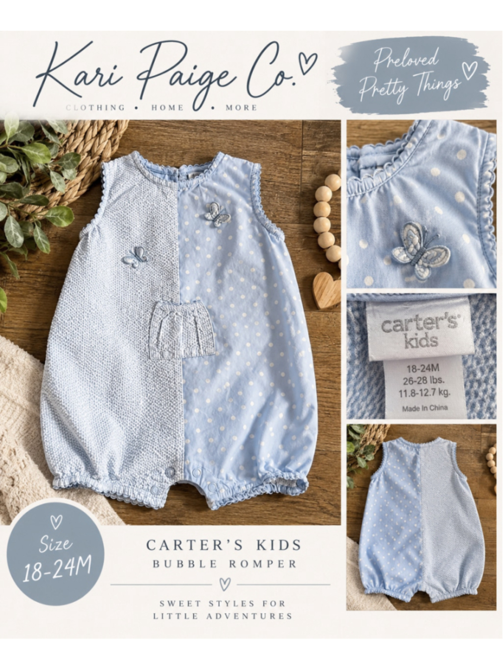 Carter's Baby Blue White Polka Dot Seersucker Butterfly Bodysuit 18-24M F26
